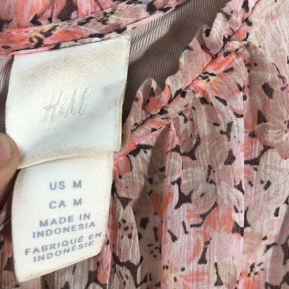 Pink & White Floral Tiered Chiffon Crêpe Puff Sleeve Flowly Mini Dress Ruffle M - Picture 7 of 8